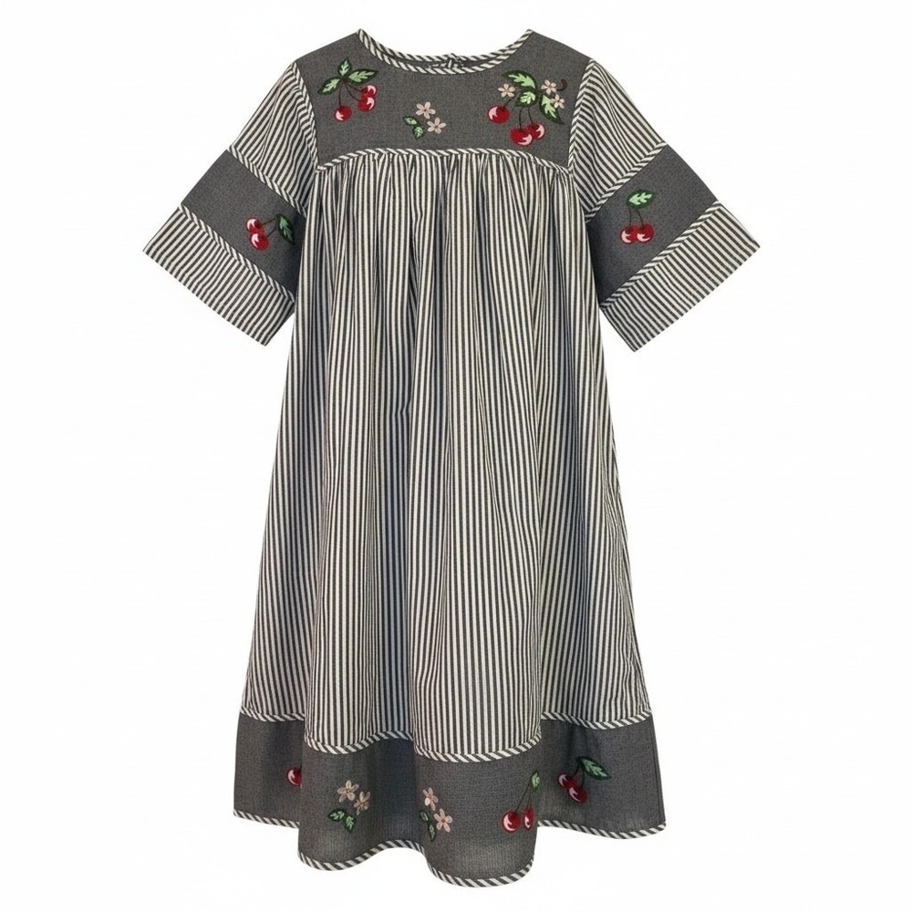 Only Necessities Womens Medium Blue Striped Cherry Embroidered Cotton Dress